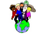Mixed-religion group standing on the world